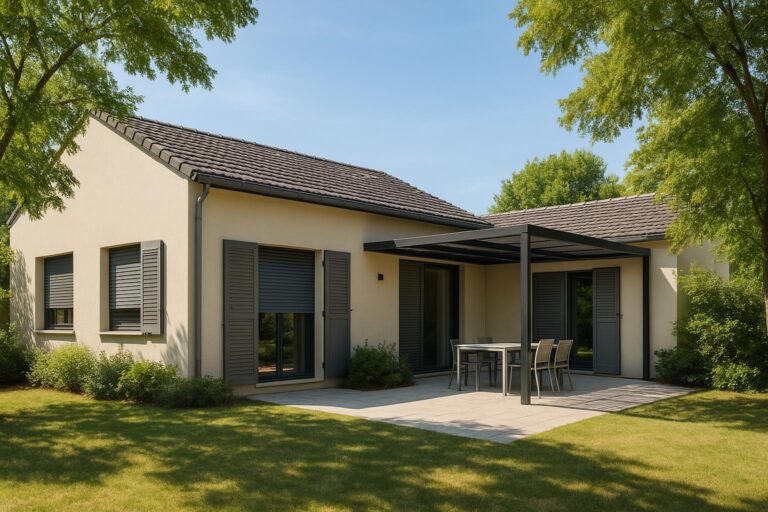 Maison contemporaine avec volets et pergola offrant de l’ombre, illustration des solutions passives pour limiter la surchauffe en RE2020.
